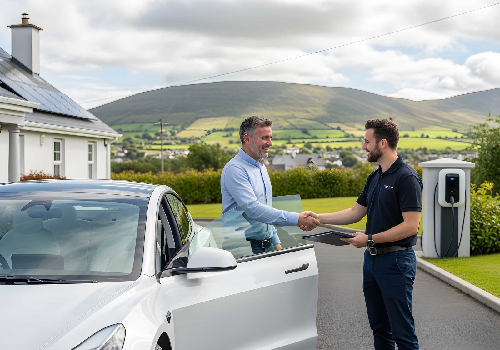A happy customer in Ireland receives a modern electric car from a professional import service, set outside a home with green landscape and subtle sustainability elements in the background.