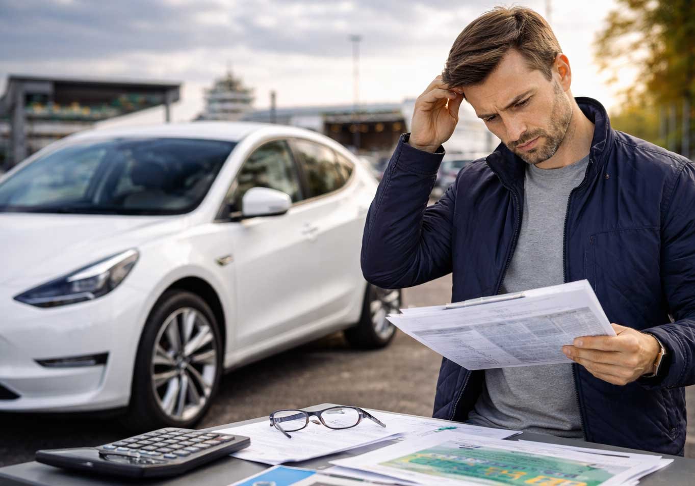 Driver reviewing import paperwork and calculating VRT and OMSP costs beside an electric car in Ireland.